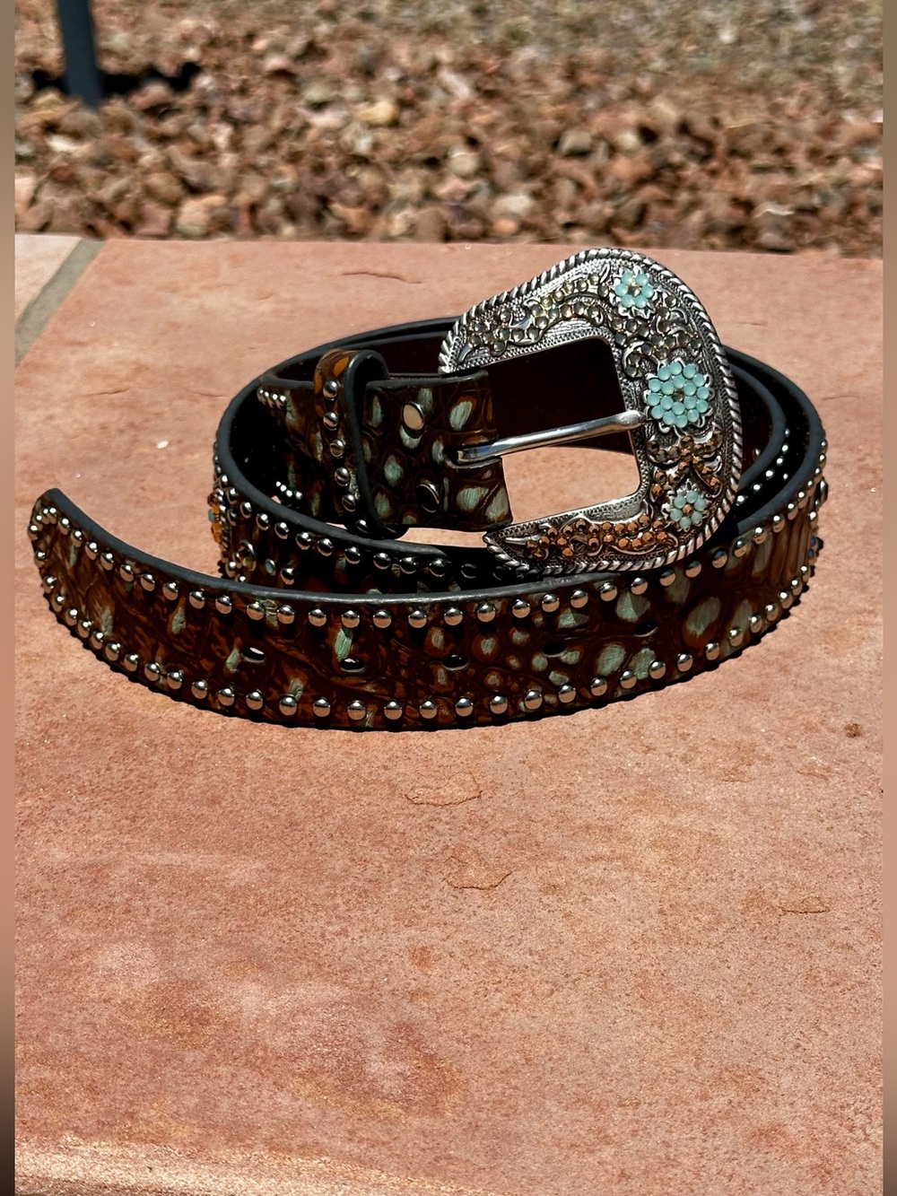 Nocona Leather Western belt, embossed croc-inspired texture, studs & accents.